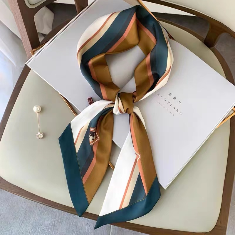 Silk Tie Striped - Luna&Dolphin Women Wide Skinny Silk Scarf